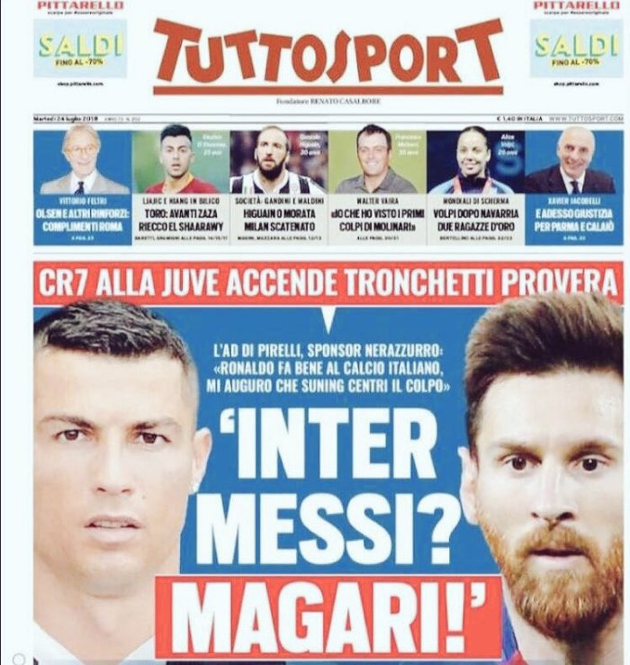 As&iacute; es la tapa de este martes del tradicional diario deportivo italiano.