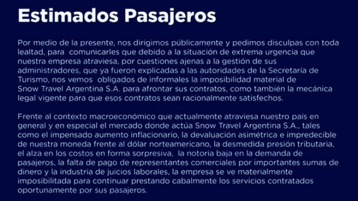 Fragmento del comunicado difundido por Snow Travel