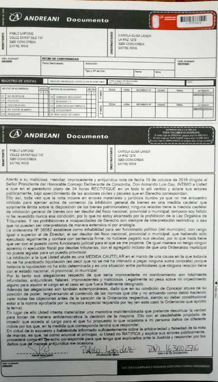 La carta que Lapiduz envi&oacute; a los concejales