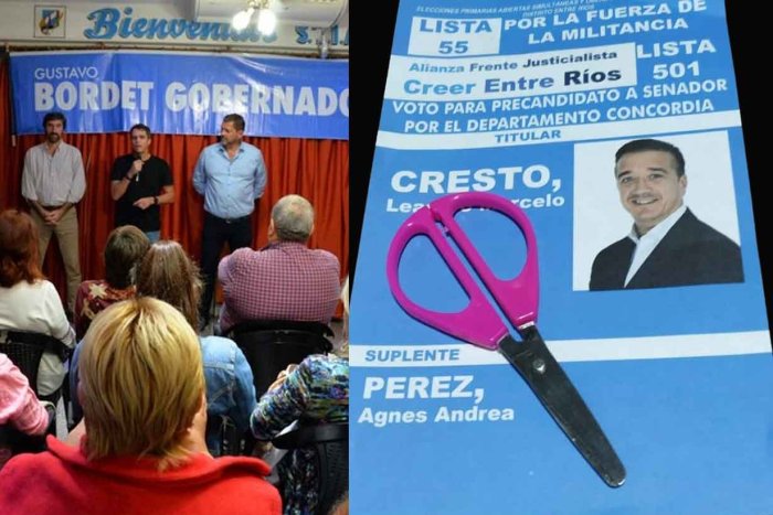 A la izquierda, Enrique Cresto pidiendo no cortar boleta. A la derecha, la tijera que reparte su primo y secretario municipal