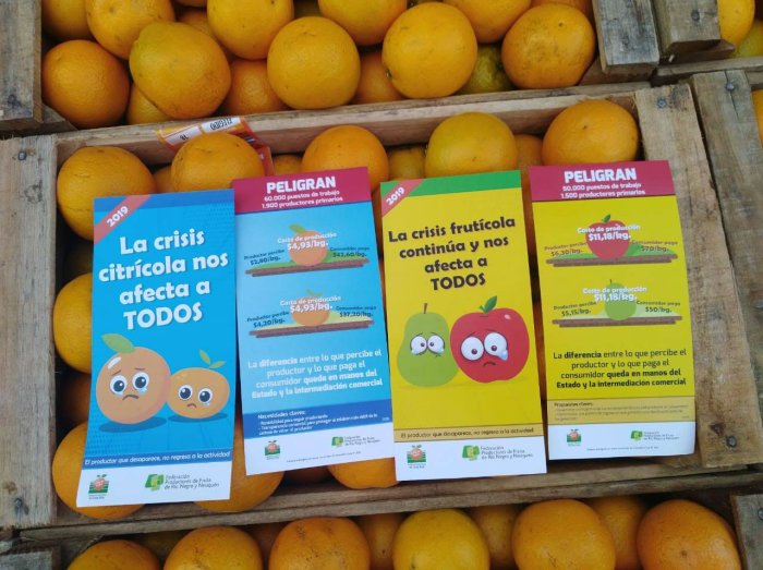Mensaje contundente: "la crisis frut&iacute;cola nos afecta a todos", dice uno de los volantes que reparten en CABA.