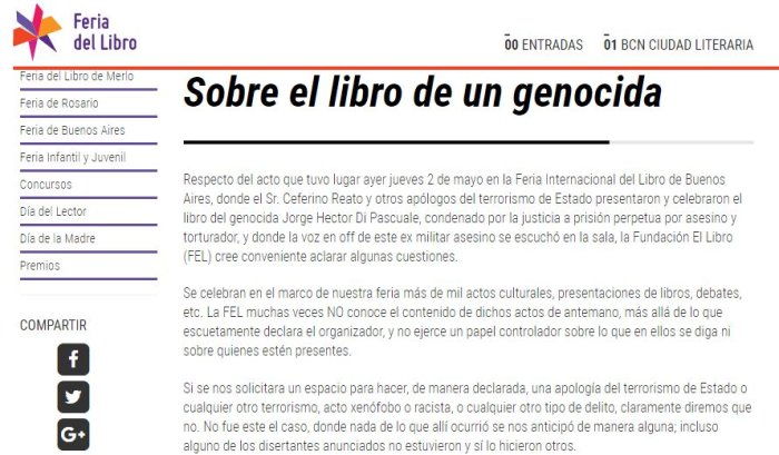 Esta es una captura de la publicaci&oacute;n que la organizaci&oacute;n de la Feria volc&oacute; en su p&aacute;gina web.