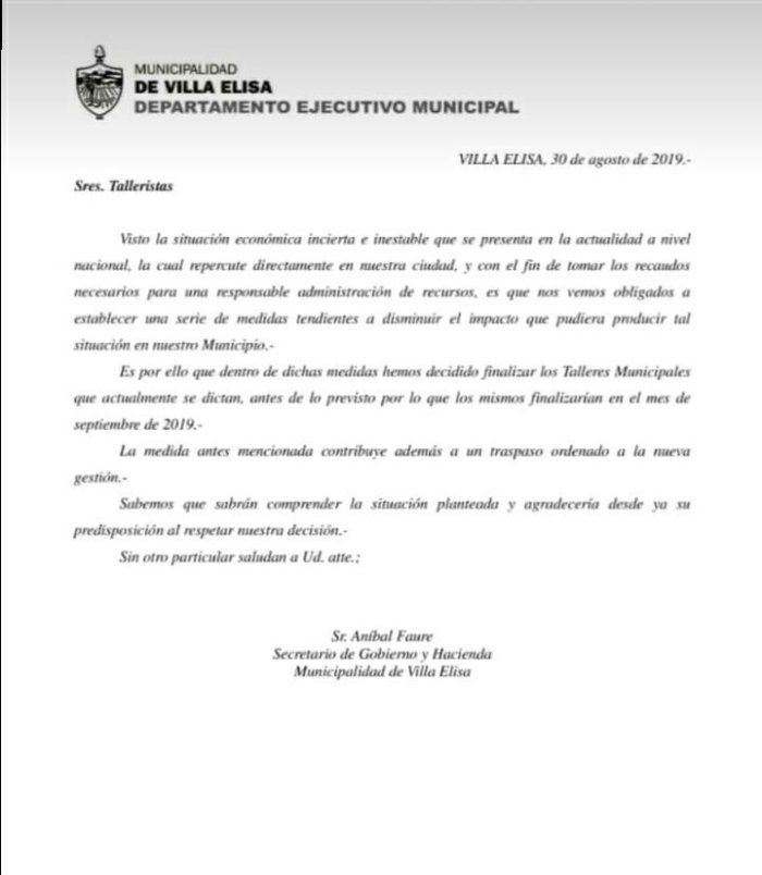 La comunicaci&oacute;n, fechada el 30 de agosto, que se hab&iacute;a enviado a los talleristas.