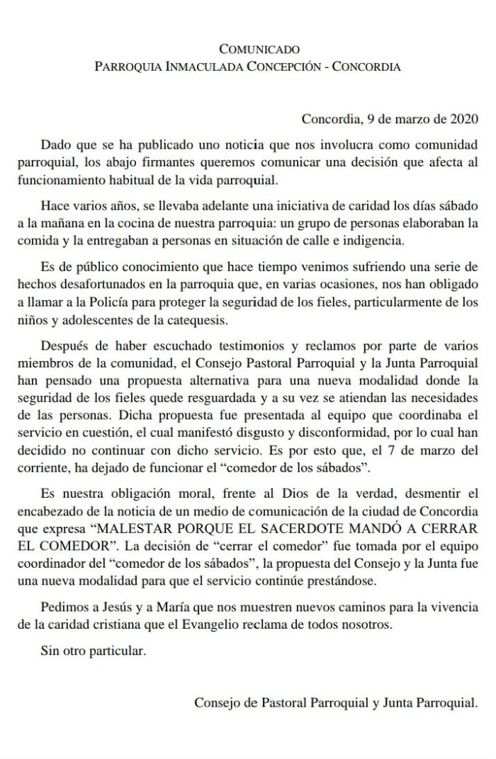 Este es el comunicado completo del Consejo de Pastoral Parroquial y la Junta Parroquial.