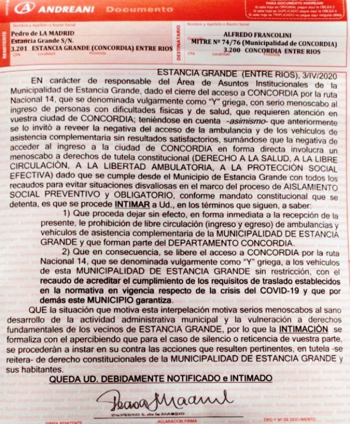 La carta documento que enviaron a Francolini
