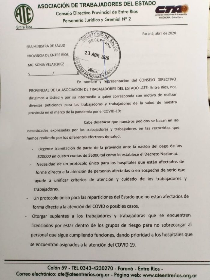 El pedido de ATE (Cr&eacute;dito: Entre R&iacute;os Ahora)