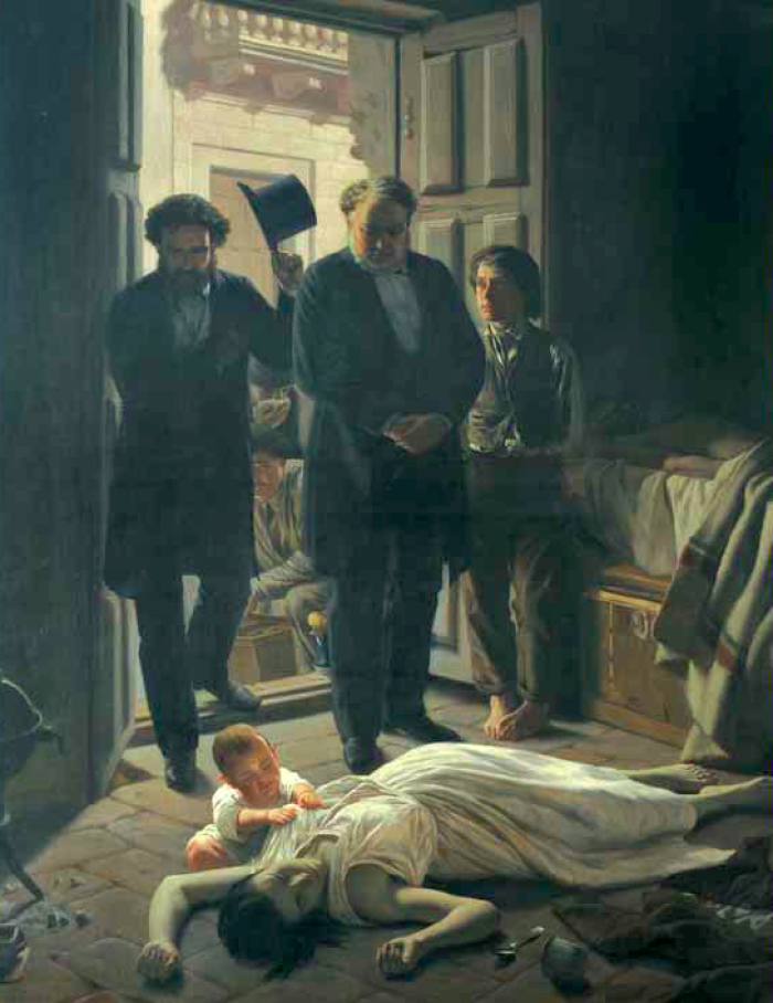 La obra muestra a los doctores Roque P&eacute;rez y Manuel Argerich, abogado y joven m&eacute;dico, respectivamente, observado la tr&aacute;gica escena que, en realidad, tuvo lugar por la noche.