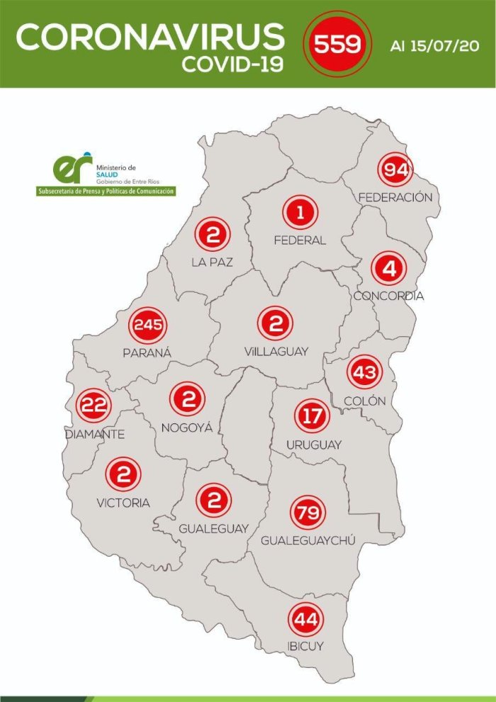 As&iacute; qued&oacute; el mapa de Entre R&iacute;os con la cantidad de casos oficialmente contabilizados.