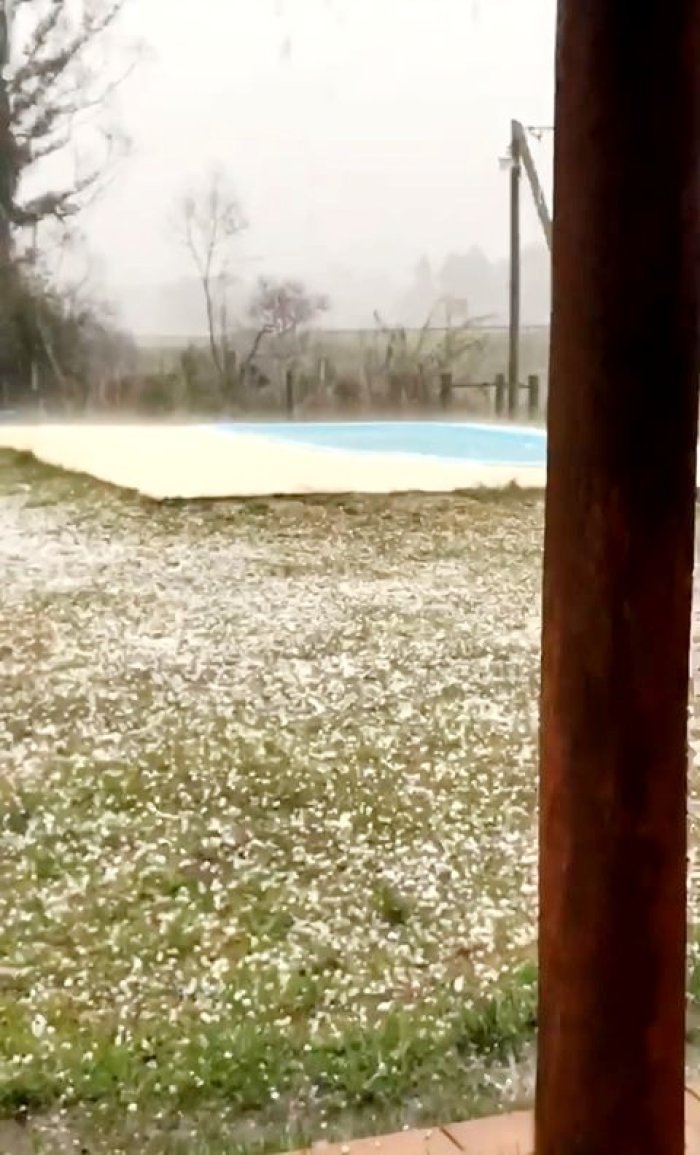 Granizo en el patio de una vivienda a la vera de Ruta 015 (Cr&eacute;dito: Mar&iacute;a Irigaray)