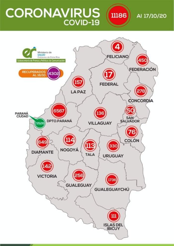 Aqu&iacute; el total acumulado desde marzo a la fecha, seg&uacute;n los 17 Departamentos entrerrianos.