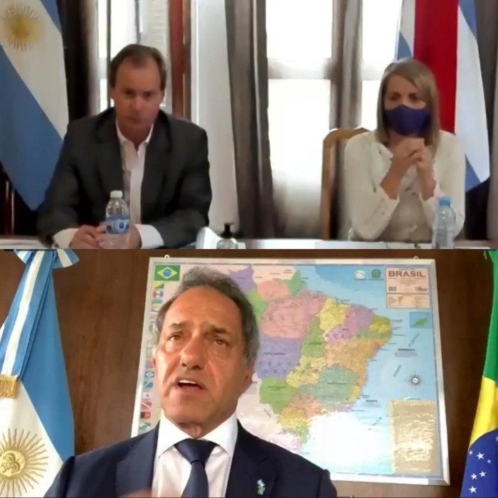 Acompa&ntilde;ado por la vicegobernadora, Gustavo Bordet mantuvo una videollamada con el embajador argentino en Brasil.