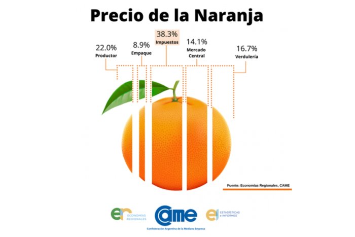El gr&aacute;fico que mostr&oacute; CAME sobre qui&eacute;nes se reparten los $64,3 de la naranja.