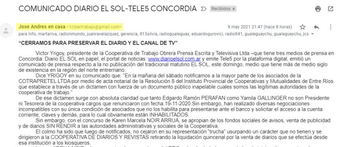 Captura de pantalla del mail enviado a los medios