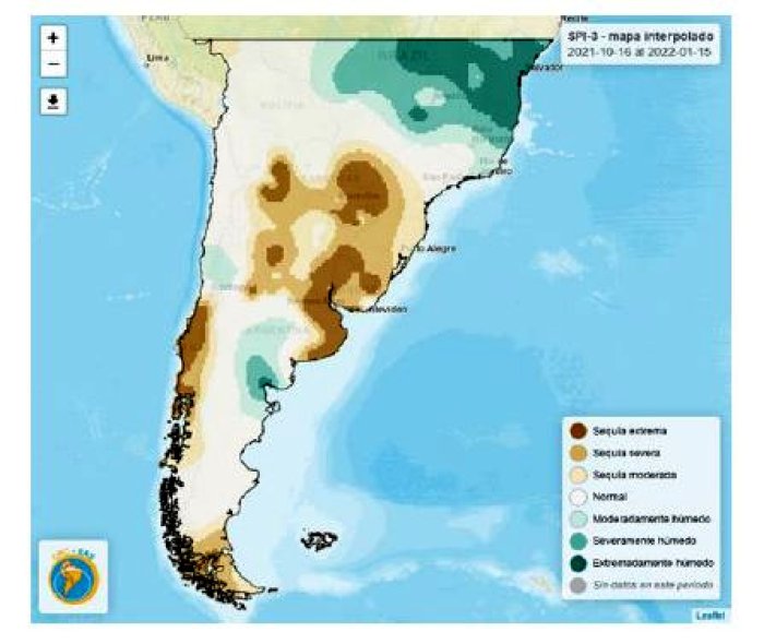 Mapa de Sudam&eacute;rica con las &aacute;reas en sequ&iacute;a para el trimestre 15-10-2021/15-01-2022. Fuente: Sistema de Informaci&oacute;n sobre Sequ&iacute;as para el Sur de Sudam&eacute;rica - sissa.crc-sas.org/