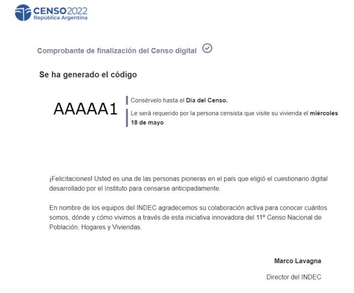 As&iacute; es el mail que env&iacute;a INDEC luego de completar el censo digital. Este c&oacute;digo es ilustrativo.