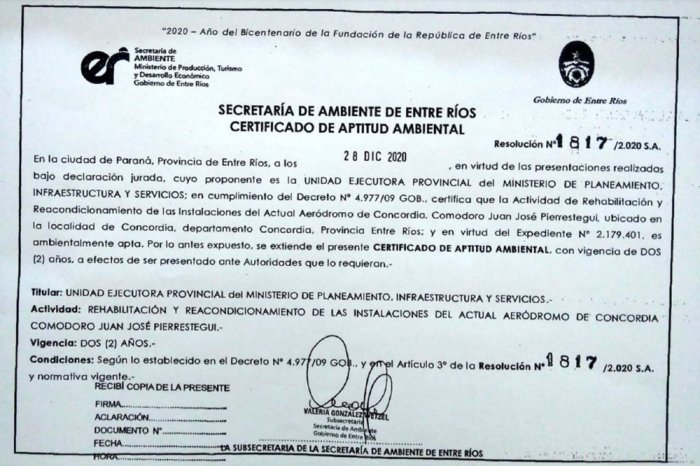 Este es el certifico que mostr&oacute; la Secretar&iacute;a de Ambiente de Entre R&iacute;os.