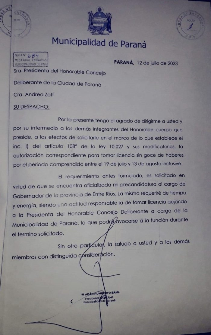 El pedido de licencia de Bahl.