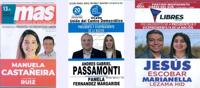 Lista 13: MAS Movimiento al Socialismo - Manuela Casta&ntilde;eira; Lista 20: Uni&oacute;n del Centro Democr&aacute;tico - Andr&eacute;s Pasamonti; Lista 40: Libres del Sur - Jes&uacute;s Escobar.