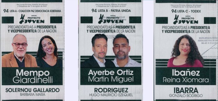 Lista 94, la interna del Frente Proyecto Joven. 94A: Mempo Giardinelli; 94B Mart&iacute;n Ayerbe Ortiz; 94C: Reina Xiomara Iba&ntilde;ez.