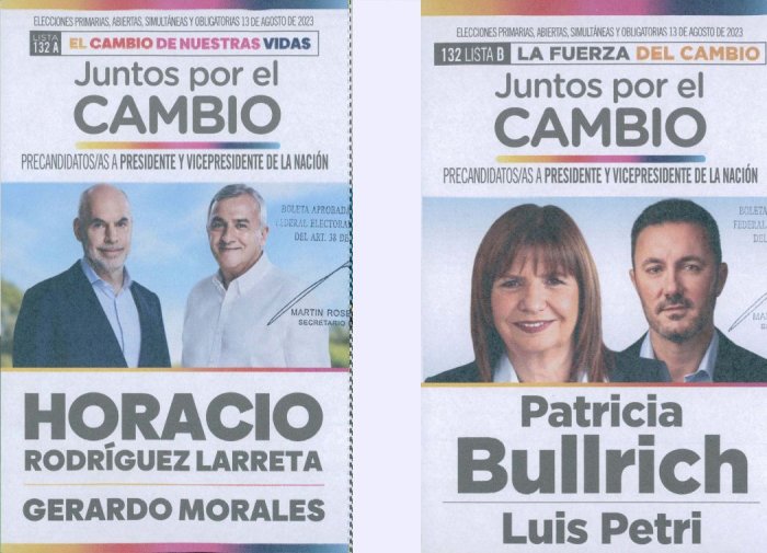 Lista 132, la interna de Juntos por el Cambio. 132A: Horacio Rodr&iacute;guez Larreta; 132B: Patricia Bullrich.