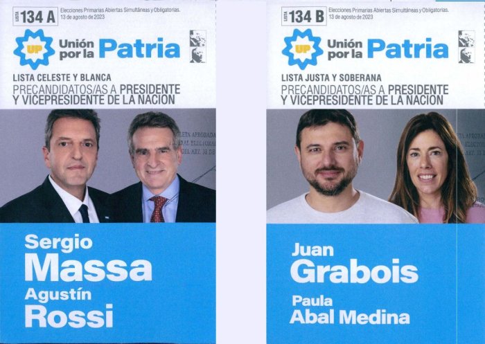 Lista 134, la interna de Uni&oacute;n por la Patria. 134A: Sergio Massa; 134B: Juan Grabois.