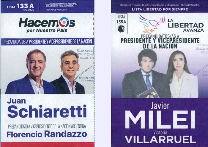 Lista 133: Hacemos por Nuestro Pa&iacute;s - Juan Schiaretti; Lista 135: La Libertad Avanza - Javier Milei.