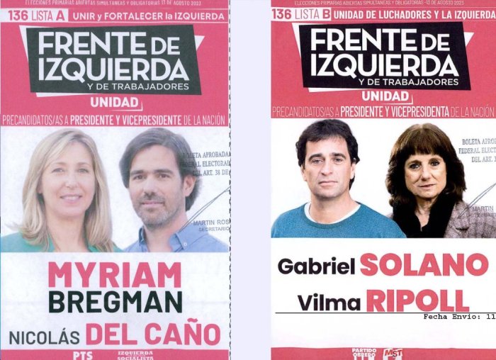 Lista 136, la interna del Frente de Izquierda y de Trabajadores Unidad. 136A: Myriam Bregman; 136B: Gabriel Solano.
