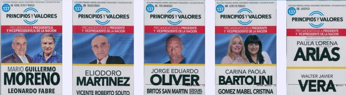 Lista 137, la interna del Frente Principios y Valores. 137A: Guillermo Moreno; 137B: Eliodoro Mart&iacute;nez; 137C: Jorge Oliver; 137D: Carina Bartolini; 137E: Paula Arias.