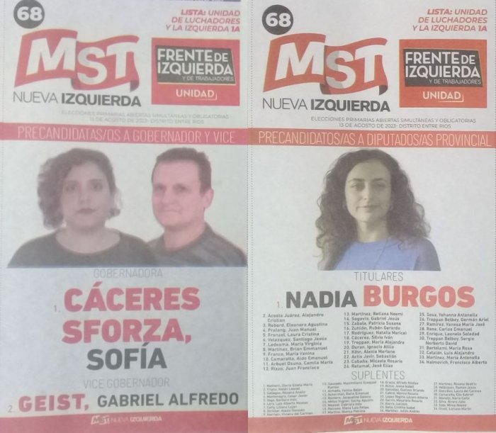 Lista 68, MST Nueva Izquierda, con Sof&iacute;a C&aacute;ceres Sforza a la gobernaci&oacute;n y Nadia Burgos encabezando lista de diputados provinciales.