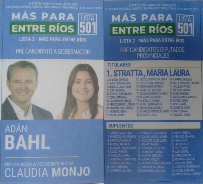 Lista 501, M&aacute;s Para Entre R&iacute;os, con Ad&aacute;n Bahl a la gobernaci&oacute;n y Laura Stratta encabezando lista de diputados provinciales.