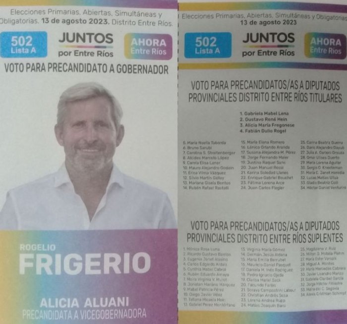 Lista 502A, Juntos por Entre R&iacute;os, con Rogelio Frigerio a la gobernaci&oacute;n y Gabriela Lena encabezando lista de diputados provinciales.