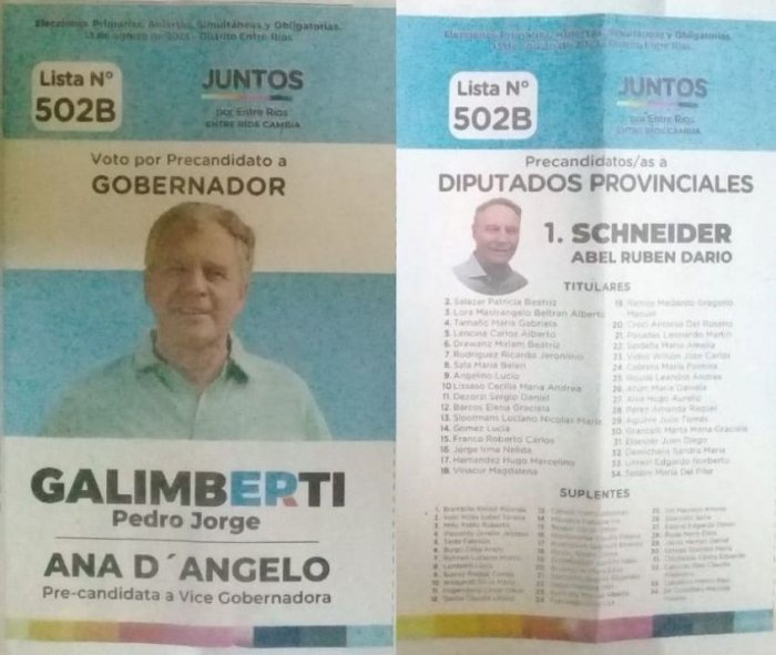 Lista 502B, Juntos por Entre R&iacute;os, con Pedro Galimberti a la gobernaci&oacute;n y Dar&iacute;o Schneider encabezando lista de diputados provinciales.