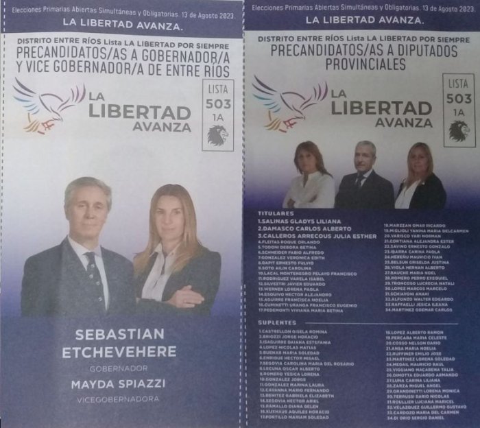 Lista 503, La Libertad Avanza, con Sebasti&aacute;n Etchevehere a la gobernaci&oacute;n y Gladys Salinas encabezando lista de diputados provinciales.
