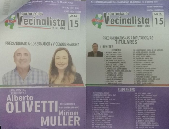 Lista 15, Confederaci&oacute;n Vecinalista, con Alberto Olivetti a la gobernaci&oacute;n y Ceferino Ben&iacute;tez encabezando lista de diputados provinciales.