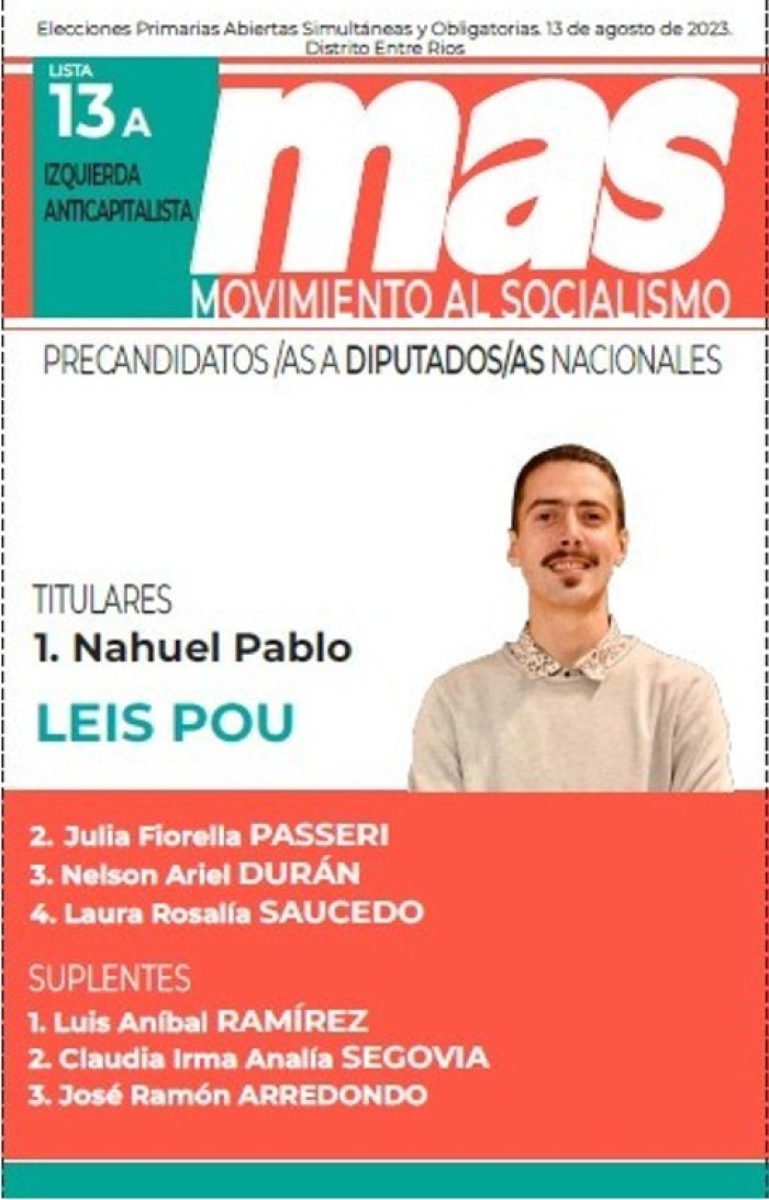 Lista 13, Movimiento al Socialismo, encabezada por Nahuel Leis Pou.