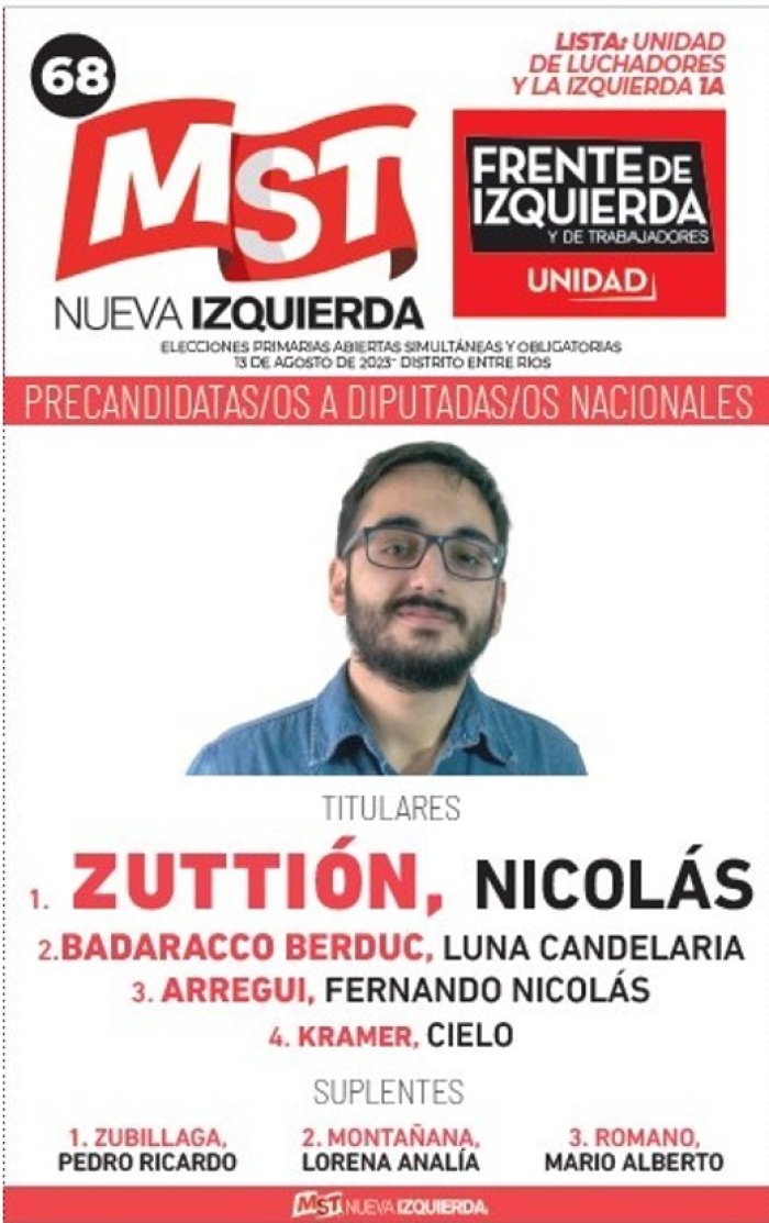 Lista 68, MST Nueva Izquierda, encabezada por Nicol&aacute;s Zutti&oacute;n.
