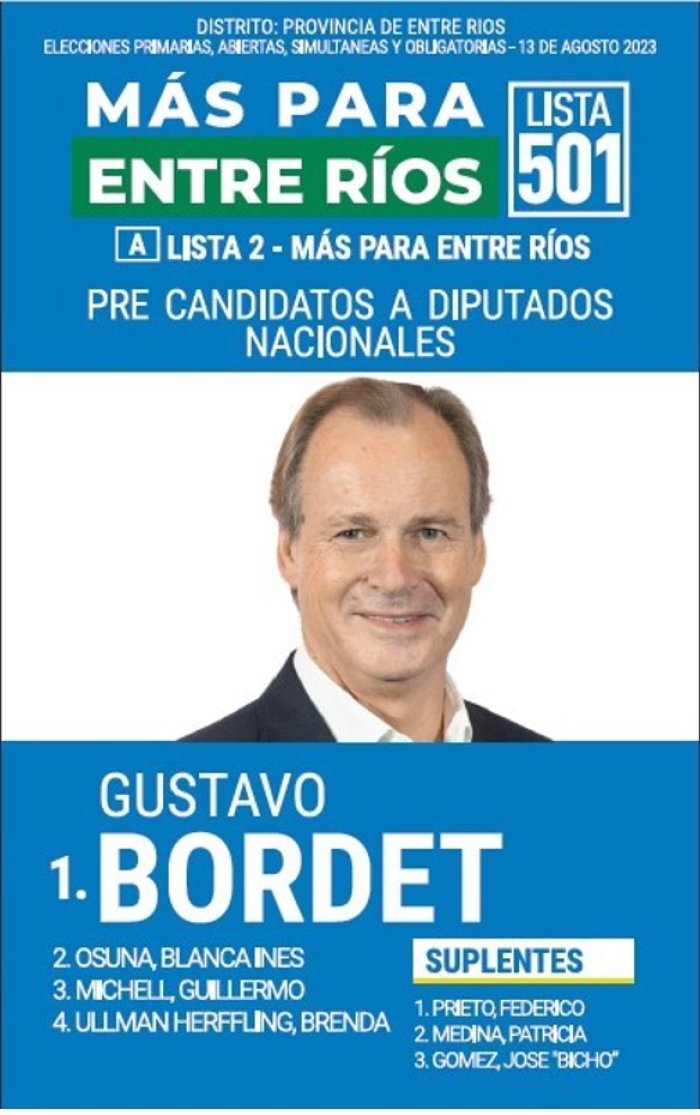 Lista 2, M&aacute;s Para Entre R&iacute;os, encabezada por Gustavo Bordet.