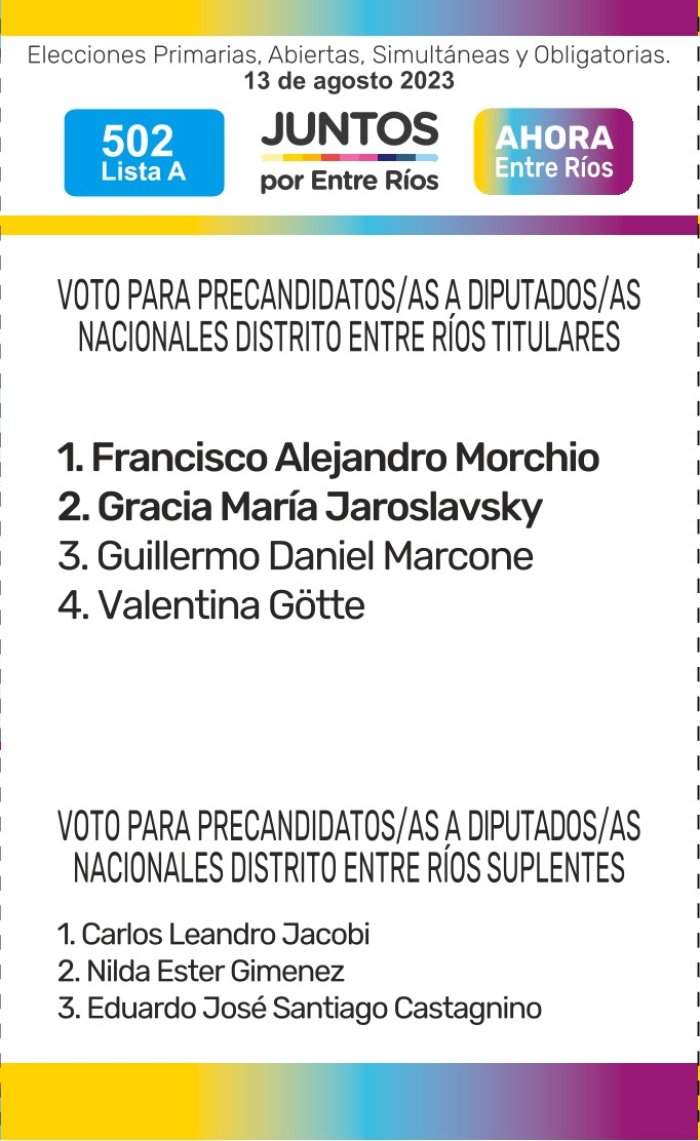 Lista 502, Juntos por Entre R&iacute;os, encabezada por Francisco Morchio.