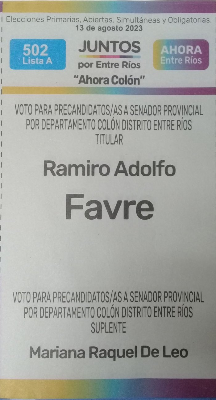 Lista 502, Juntos por Entre R&iacute;os, encabezada por Ramiro Adolfo Favre.