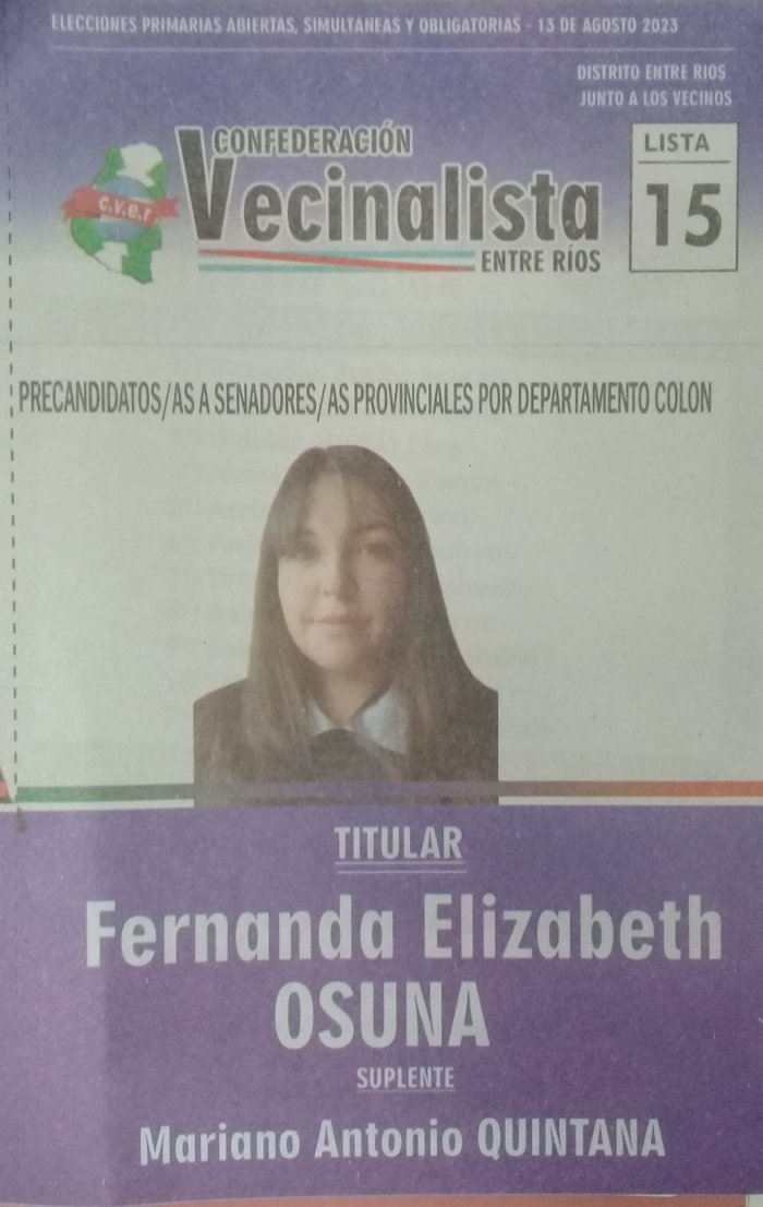 Lista 15, Confederaci&oacute;n Vecinalista Entre R&iacute;os, encabezada por Fernanda Elizabeth Osuna.
