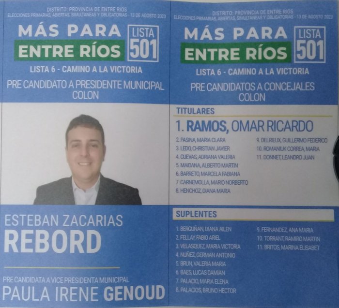 Lista 501: M&aacute;s Para Entre R&iacute;os - Esteban Zacar&iacute;as Rebord.