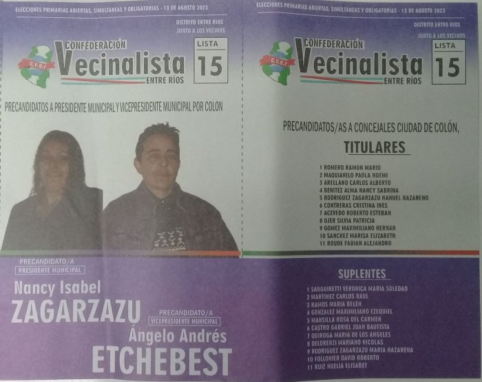 Lista 15: Confederaci&oacute;n Vecinalista Entre R&iacute;os - Nancy Isabel Zagarzazu.
