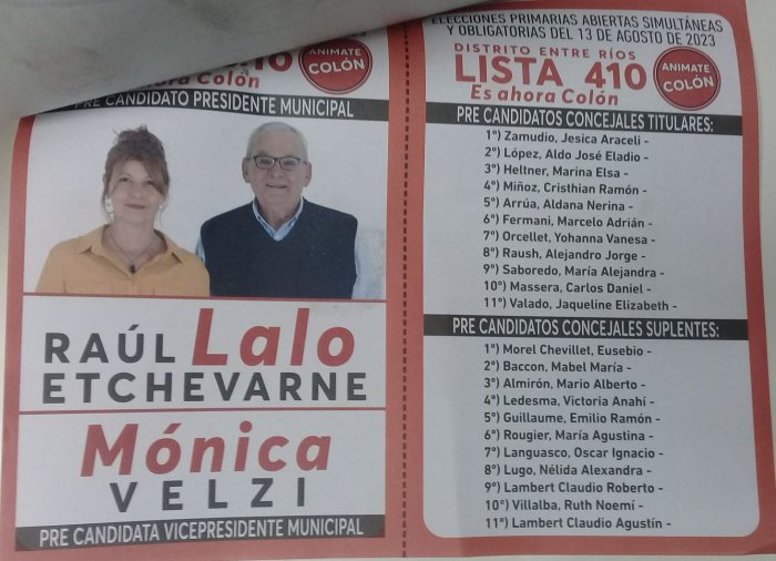 Lista 410: Es ahora Col&oacute;n: Ra&uacute;l Lalo Etchevarne.