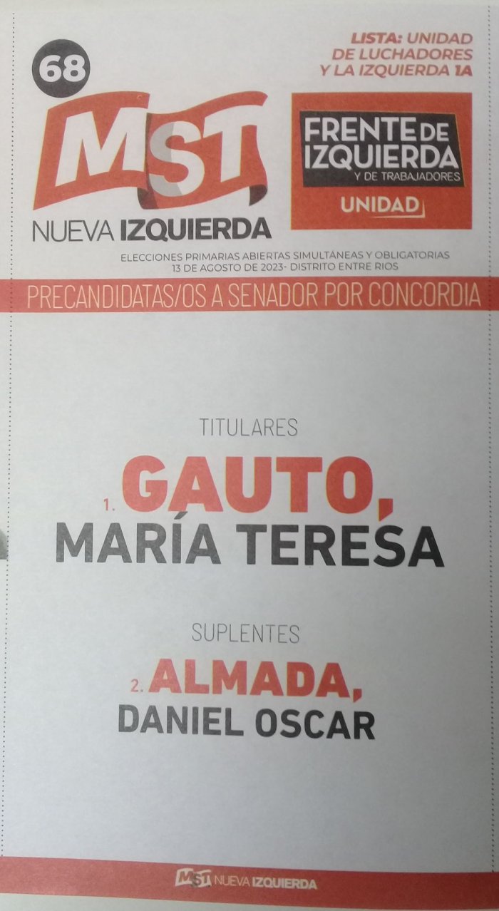 Lista 68, MST Nueva Izquierda, encabezada por Mar&iacute;a Teresa Gauto.