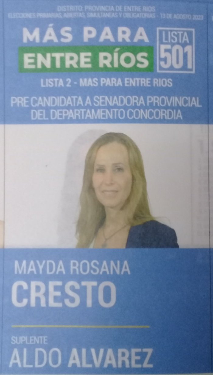 Lista 501, M&aacute;s Para Entre R&iacute;os, encabezada por Mayda Rosana Cresto.