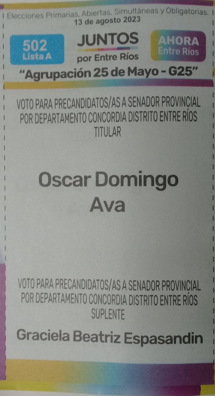 Lista 502A, Juntos por Entre R&iacute;os, encabezada por Oscar Domingo Ava.