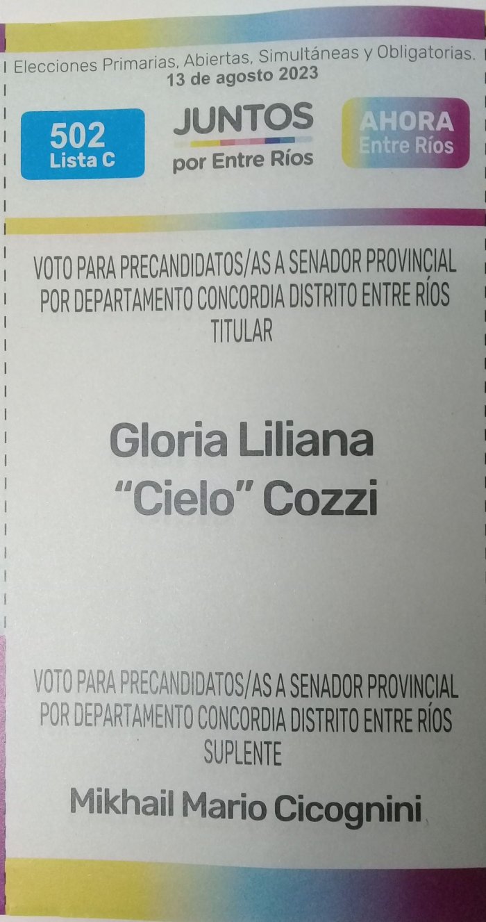 Lista 502C, Juntos por Entre R&iacute;os, encabezada por Gloria Liliana "Cielo" Cozzi.