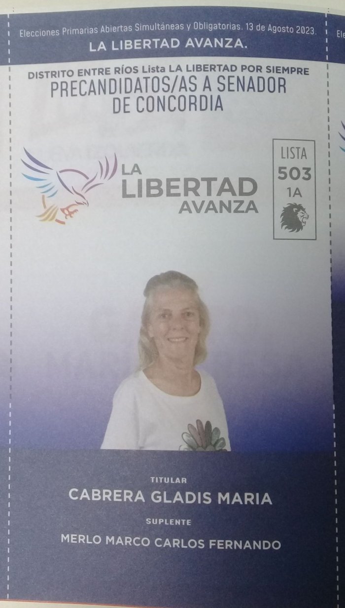 Lista 503, La Libertad Avanza, encabezada por Gladis Mar&iacute;a Cabrera.