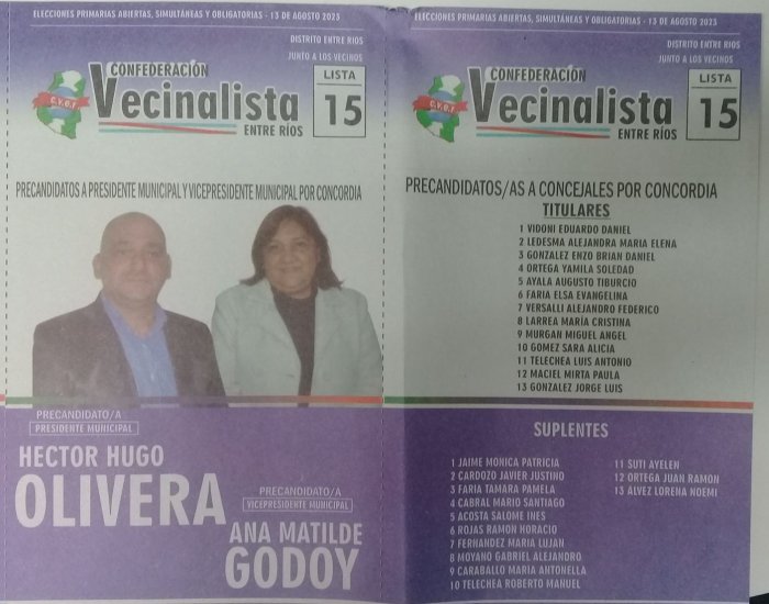 Lista 15: Confederaci&oacute;n Vecinalista Entre R&iacute;os - Hector Hugo Olivera.