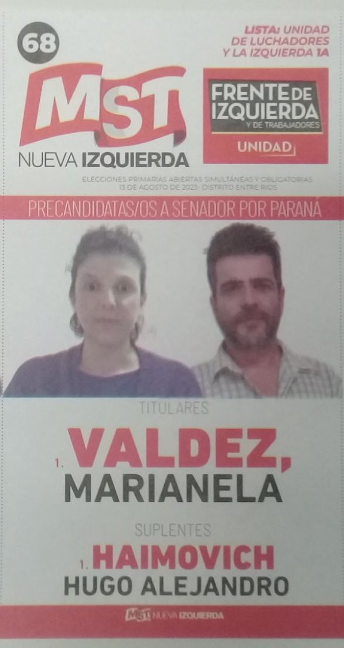 Lista 68, MST Nueva Izquierda, encabezada por Marianela Valdez.